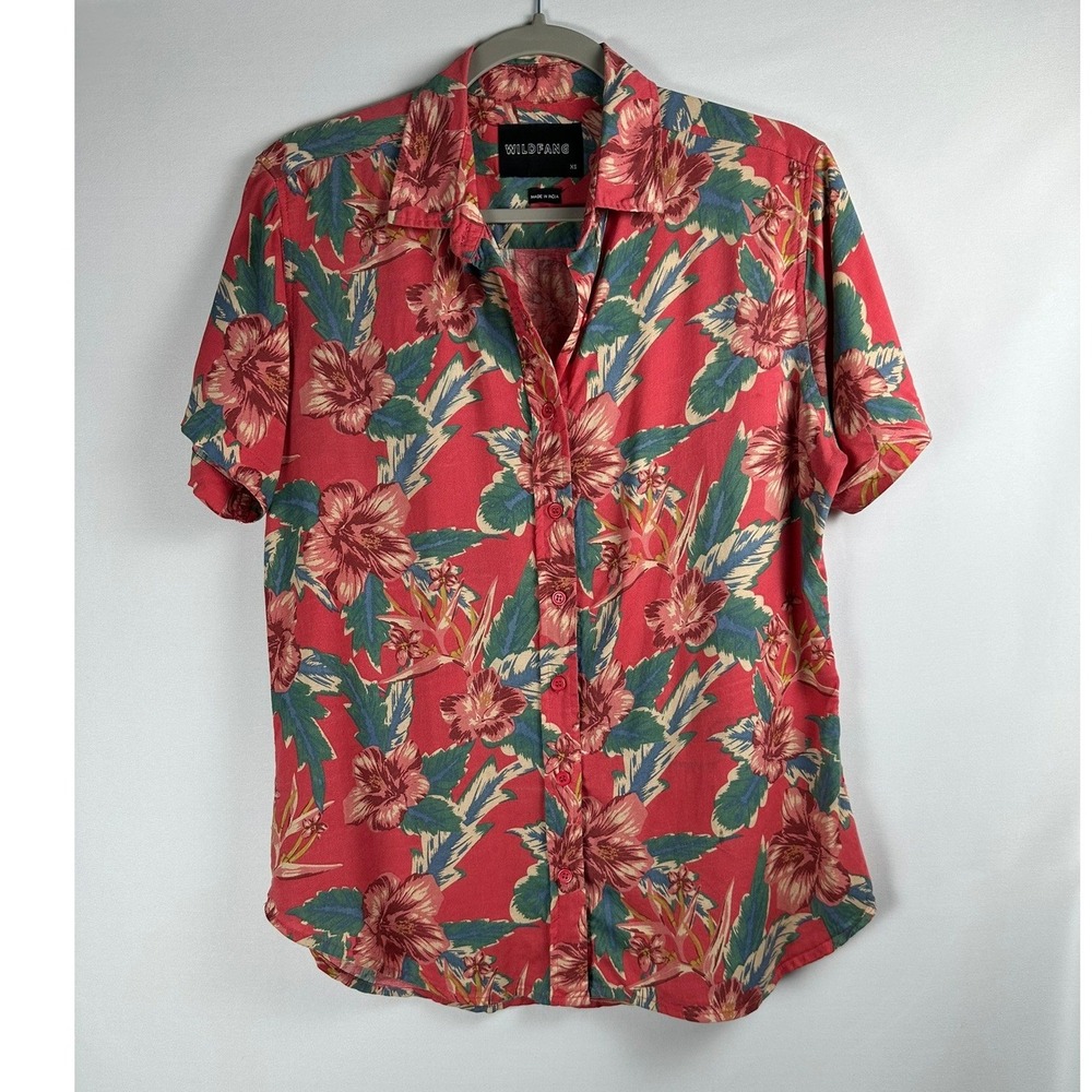 Wildfang Women XS Red Tropical Floral Hawaiian Button Up Shirt Retro Beachy
